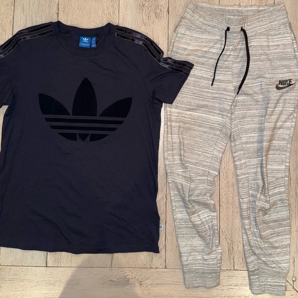 Women’s adidas shirt and Nike sweatpants